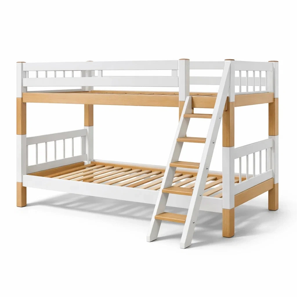 Letto a castello in legno di pino bianco e naturale con scala