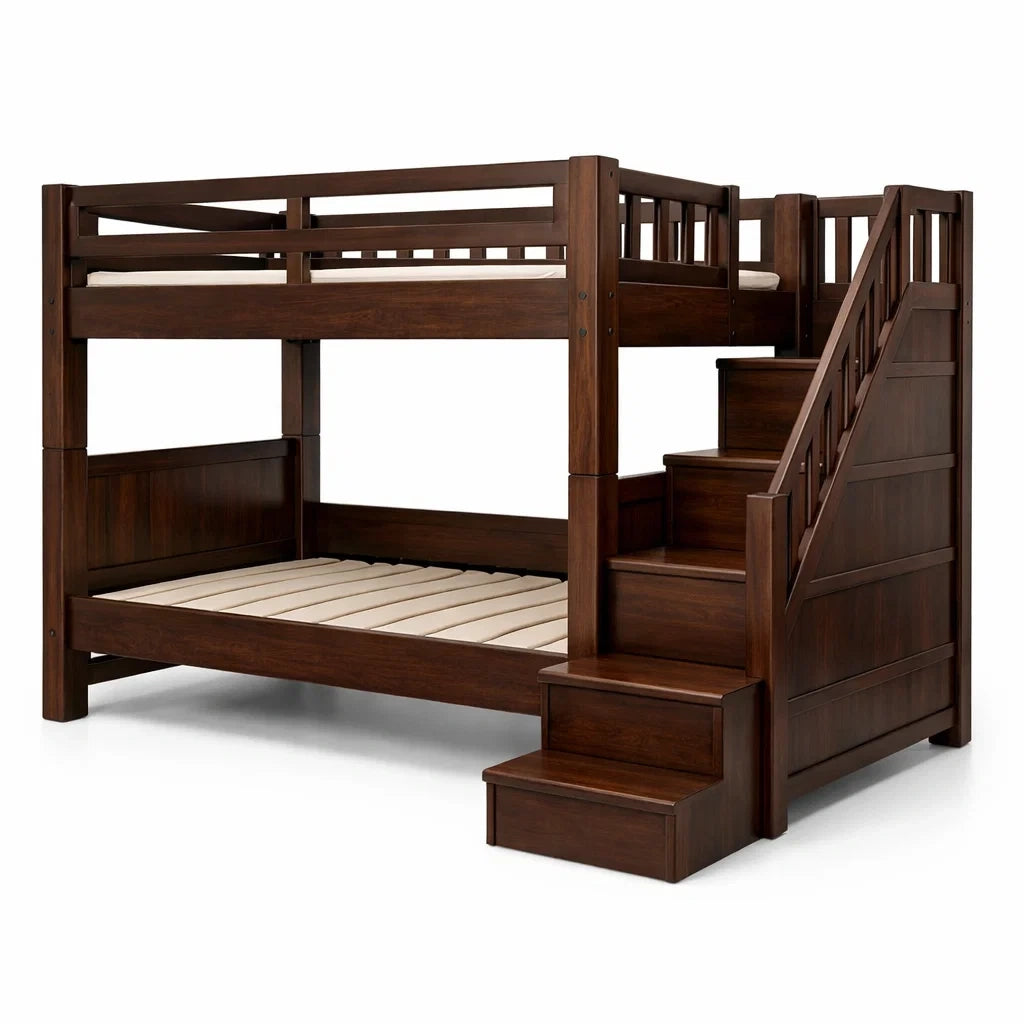 Letto a castello in legno con scala laterale marrone