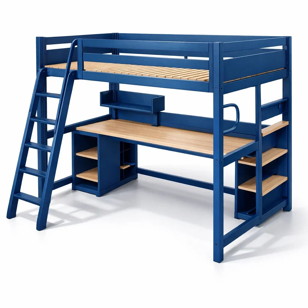 Letto a castello con scrivania in metallo e legno, blu e naturale