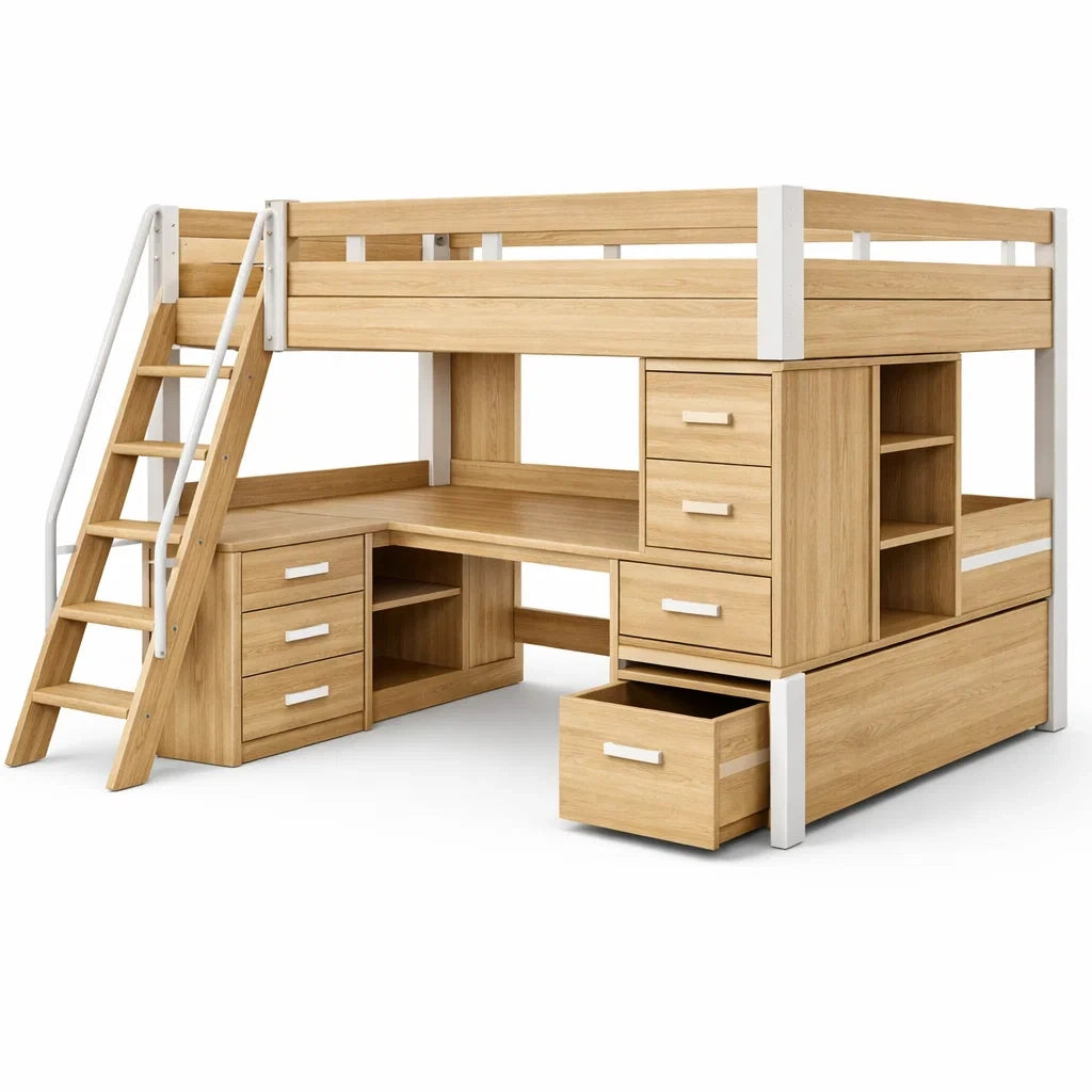 Letto a castello in legno con scrivania e cassetti naturale e bianco