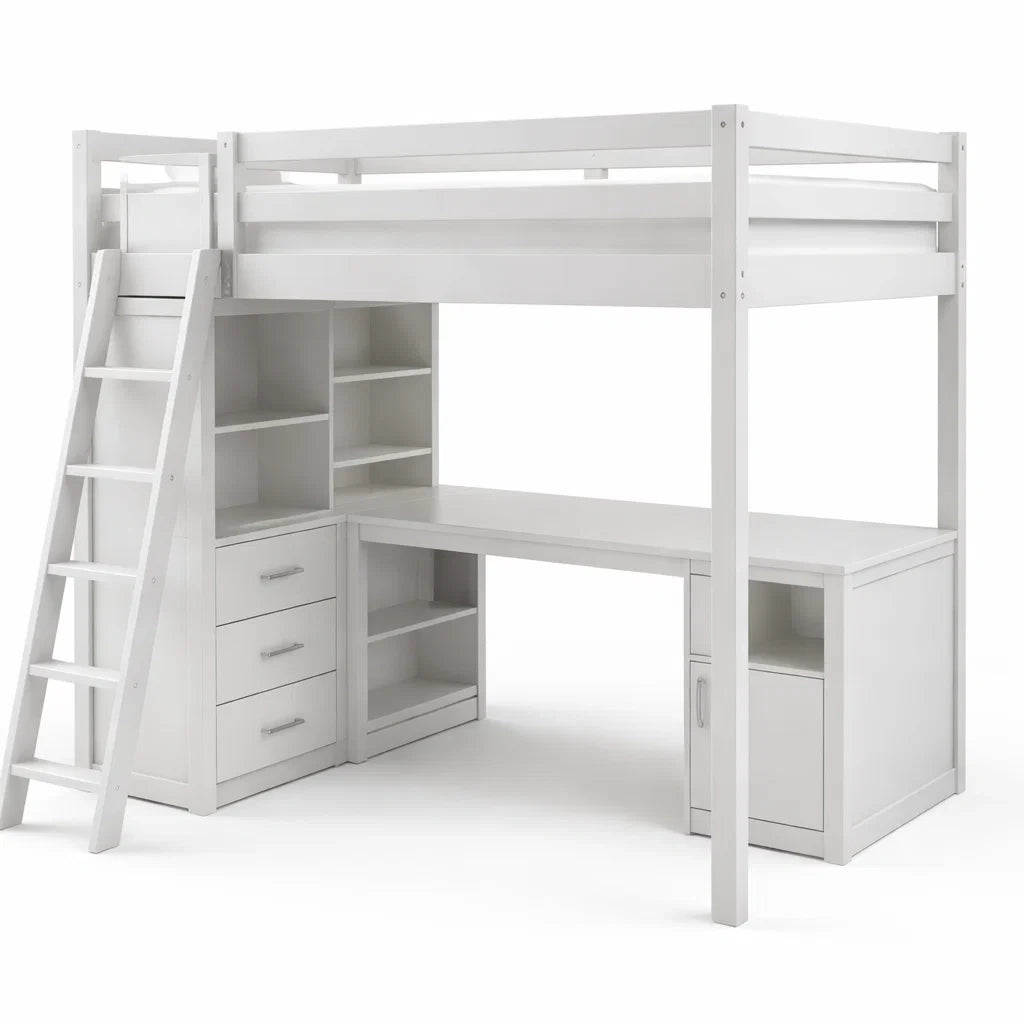 Letto a castello con scrivania e scaffali in legno bianco