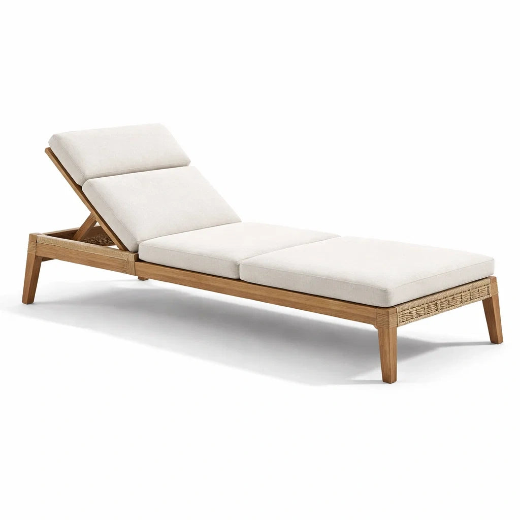Lettino prendisole regolabile in teak e rattan con cuscini in spugna poliestere