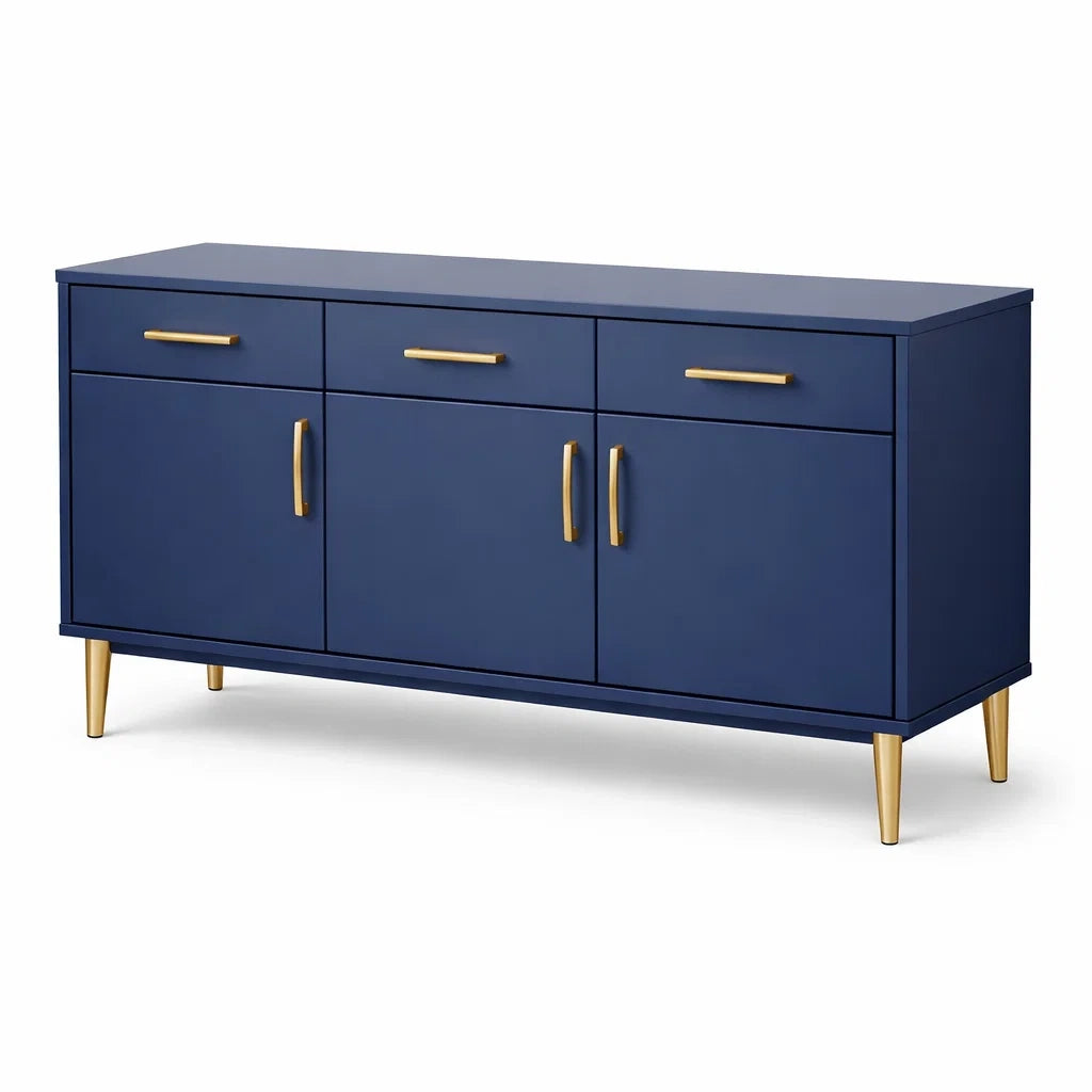 Credenza in legno con ante e cassetti blu e dettagli in metallo dorato, l160xp40xh80 cm