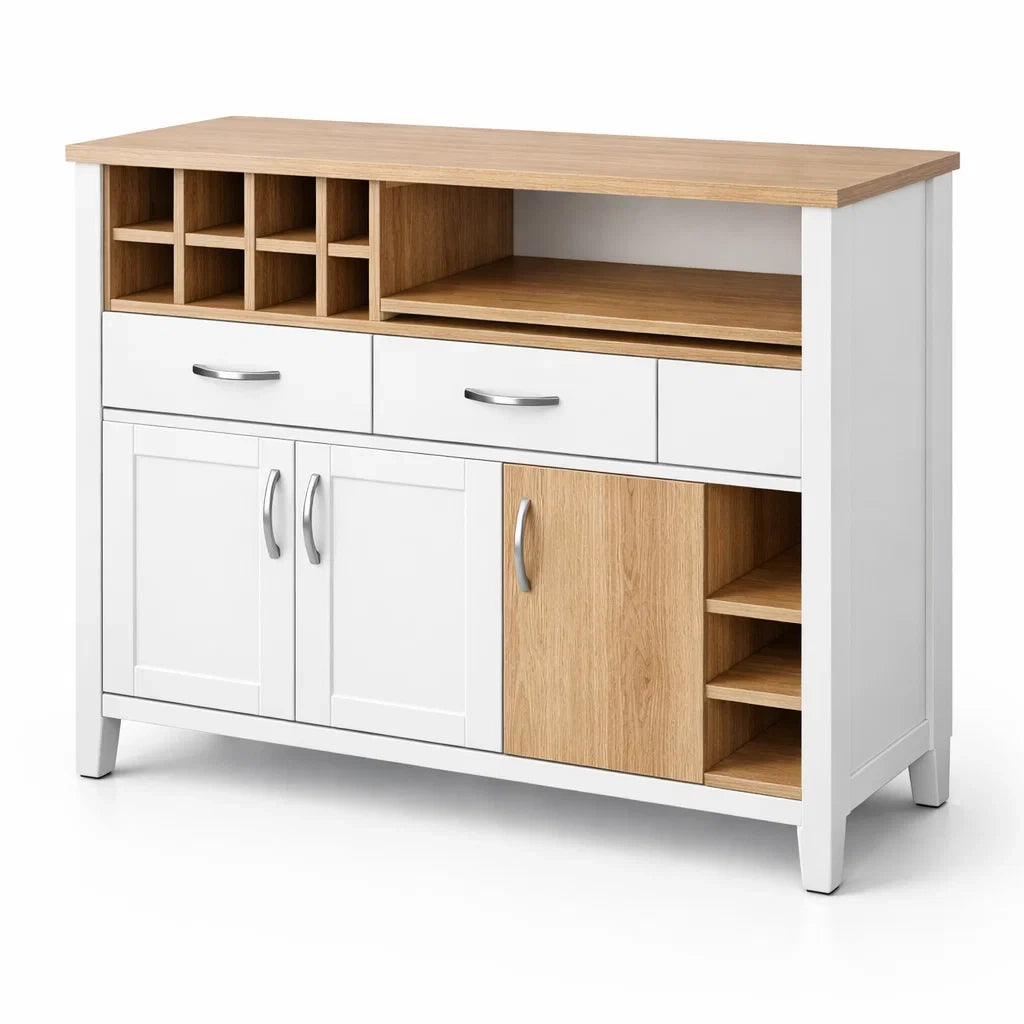 Credenza in legno con cassetti e ante in mdf bianco e quercia