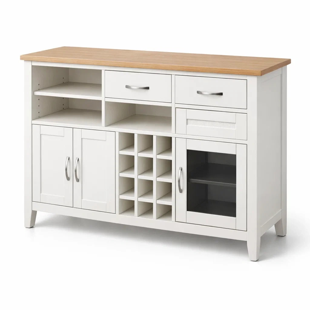 Credenza in legno mdf bianco e rovere con portabottiglie